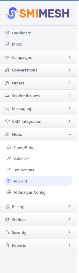 Actual SMIMESH menu showing flows, bot actions and AI skills